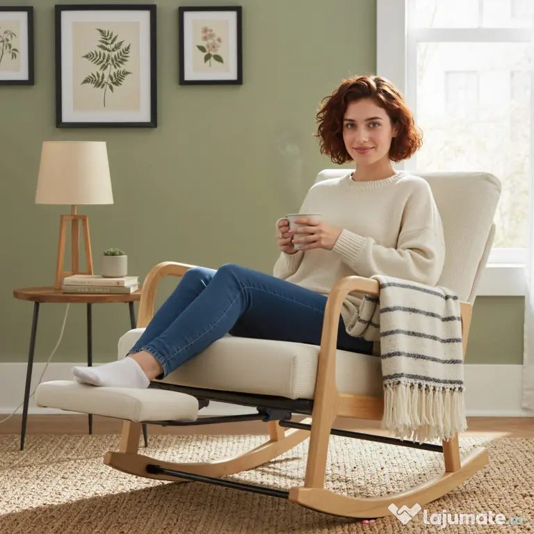 HOMCOM Balansoar din Catifea Fină cu Suport Picioare, Spătar Reclinabil, Stil Scandinav, Crem | Aosom Romania