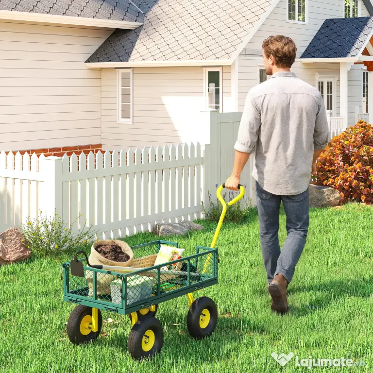 Outsunny Cărucior de Grădină Robust, Remorcă din Oțel cu Pereți Laterali Detașabili, Convertibil în Platformă, Roți de 25cm, Mâner Rotativ la 180°, Capacitate 200 kg, pentru Plajă, Peluză și Grădină, Verde | Aosom Romania