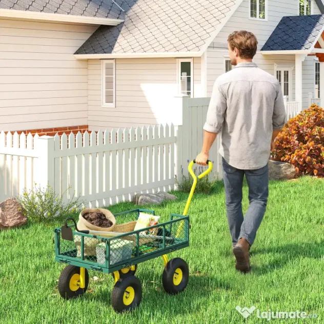 Outsunny Cărucior de Grădină Robust, Remorcă din Oțel cu Pereți Laterali Detașabili, Convertibil în Platformă, Roți de 25cm, Mâner Rotativ la 180°, Capacitate 200 kg, pentru Plajă, Peluză și Grădină, Verde | Aosom Romania