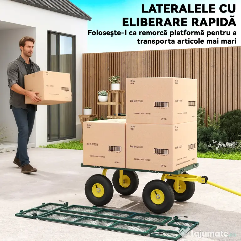 Outsunny Cărucior de Grădină Robust, Remorcă din Oțel cu Pereți Laterali Detașabili, Convertibil în Platformă, Roți de 25cm, Mâner Rotativ la 180°, Capacitate 200 kg, pentru Plajă, Peluză și Grădină, Verde | Aosom Romania