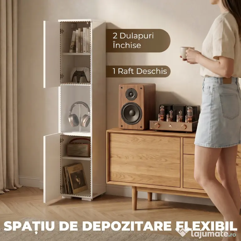 HOMCOM Dulap Multimedia Slim cu 5 Rafturi Reglabile, Alb | Aosom Romania