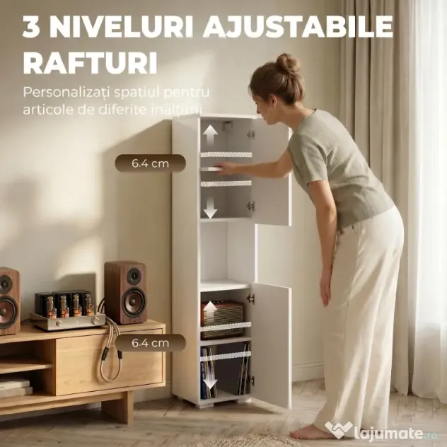HOMCOM Dulap Multimedia Slim cu 5 Rafturi Reglabile, Alb | Aosom Romania