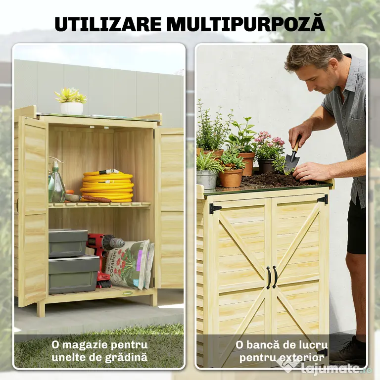 Outsunny Căsuță de Grădină din Lemn de Molid cu Rafturi și Cârlige Laterale, Dulap de Grădină cu Uși Duble și Blat de Lucru din Metal Zincat pentru Terasă, 71,5x39x95cm, Naturală | Aosom Romania