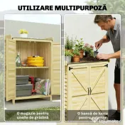 Outsunny Căsuță de Grădină din Lemn de Molid cu Rafturi și Cârlige Laterale, Dulap de Grădină cu Uși Duble și Blat de Lucru din Metal Zincat pentru Terasă, 71,5x39x95cm, Naturală | Aosom Romania 