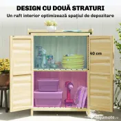 Outsunny Căsuță de Grădină din Lemn de Molid cu Rafturi și Cârlige Laterale, Dulap de Grădină cu Uși Duble și Blat de Lucru din Metal Zincat pentru Terasă, 71,5x39x95cm, Naturală | Aosom Romania 