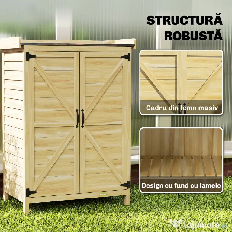 Outsunny Căsuță de Grădină din Lemn de Molid cu Rafturi și Cârlige Laterale, Dulap de Grădină cu Uși Duble și Blat de Lucru din Metal Zincat pentru Terasă, 71,5x39x95cm, Naturală | Aosom Romania