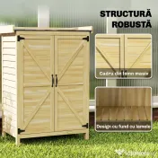Outsunny Căsuță de Grădină din Lemn de Molid cu Rafturi și Cârlige Laterale, Dulap de Grădină cu Uși Duble și Blat de Lucru din Metal Zincat pentru Terasă, 71,5x39x95cm, Naturală | Aosom Romania 