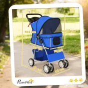 PawHut Cărucior pentru Câini Pliabil cu Benzi Reflectorizante, Roți Rotative, Frâne și Pernă Lavabilă, Albastru | Aosom Romania