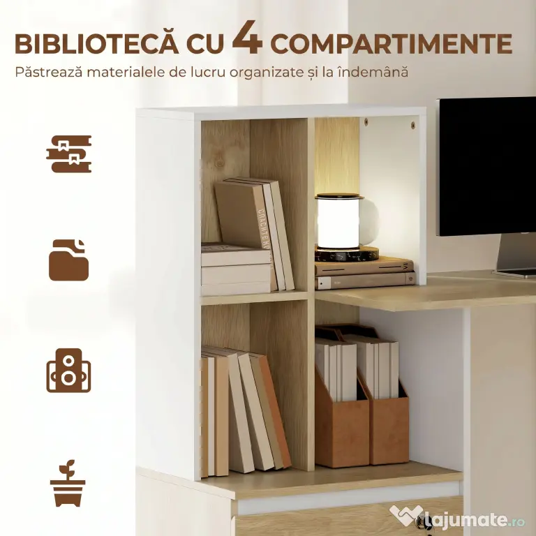 HOMCOM Birou cu Raft și Sertar cu Încuietoare și 2 Chei, Format A4, Letter, Legal, Birou Compact, 126x50x109 cm, Alb | Aosom Romania