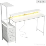 HOMCOM Birou Gaming 147 cm, Masă pentru Computer cu Suport CPU Reglabil și Reversibil, Lumini RGB, Prize de Alimentare, Porturi USB și USB-C, Suport Monitor și 3 Sertare din Material Textil, Alb