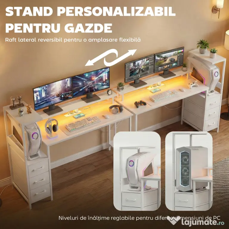HOMCOM Birou Gaming cu Suport CPU Reglabil Reversibil și LED, 147x47 cm, Stație de Încărcare, Suport Monitor, 3 Sertare din Material Textil, pentru Acasă, Birou sau Studio, Alb | Aosom Romania