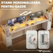 HOMCOM Birou Gaming cu Suport CPU Reglabil Reversibil și LED, 147x47 cm, Stație de Încărcare, Suport Monitor, 3 Sertare din Material Textil, pentru Acasă, Birou sau Studio, Alb | Aosom Romania
