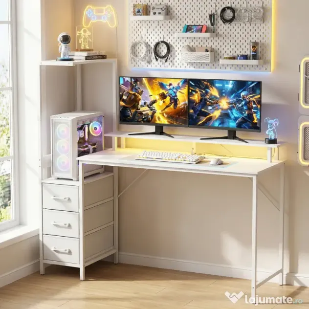 HOMCOM Birou Gaming cu Suport CPU Reglabil Reversibil și LED, 147x47 cm, Stație de Încărcare, Suport Monitor, 3 Sertare din Material Textil, pentru Acasă, Birou sau Studio, Alb | Aosom Romania