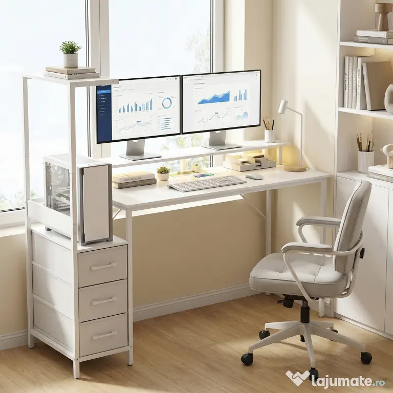 HOMCOM Birou Gaming cu Suport CPU Reglabil Reversibil și LED, 147x47 cm, Stație de Încărcare, Suport Monitor, 3 Sertare din Material Textil, pentru Acasă, Birou sau Studio, Alb | Aosom Romania