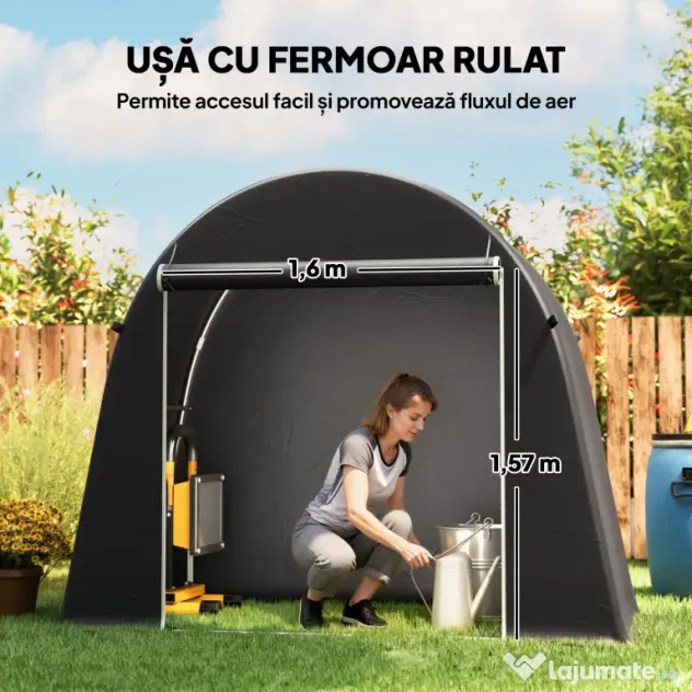 Outsunny Cort de Depozitare de 2.45 x 1.2 m, Impermeabil pentru Biciclete cu Ușă cu Fermoar și Cadru din Oțel Zincat, Gri Închis | Aosom Romania