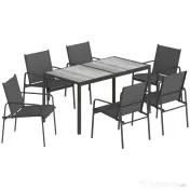 Outsunny Set de Prânz pentru Exterior, 7 Piese pentru 6 Persoane, Masă cu Efect de Lemn și Scaune cu Șezut Respirabil, Set Mobilier de Grădină cu Cadru din Oțel Galvanizat, Negru | Aosom Romania 