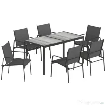 Outsunny Set de Prânz pentru Exterior, 7 Piese pentru 6 Persoane, Masă cu Efect de Lemn și Scaune cu Șezut Respirabil, Set Mobilier de Grădină cu Cadru din Oțel Galvanizat, Negru | Aosom Romania