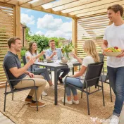 Outsunny Set de Prânz pentru Exterior, 7 Piese pentru 6 Persoane, Masă cu Efect de Lemn și Scaune cu Șezut Respirabil, Set Mobilier de Grădină cu Cadru din Oțel Galvanizat, Negru | Aosom Romania 