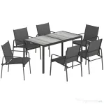 Outsunny Set Masă și Scaune de Grădină 7 piese cu 6 Scaune Respirabile din Textilenă și Măsuță de Cafea cu Aspect Lemn, Negru