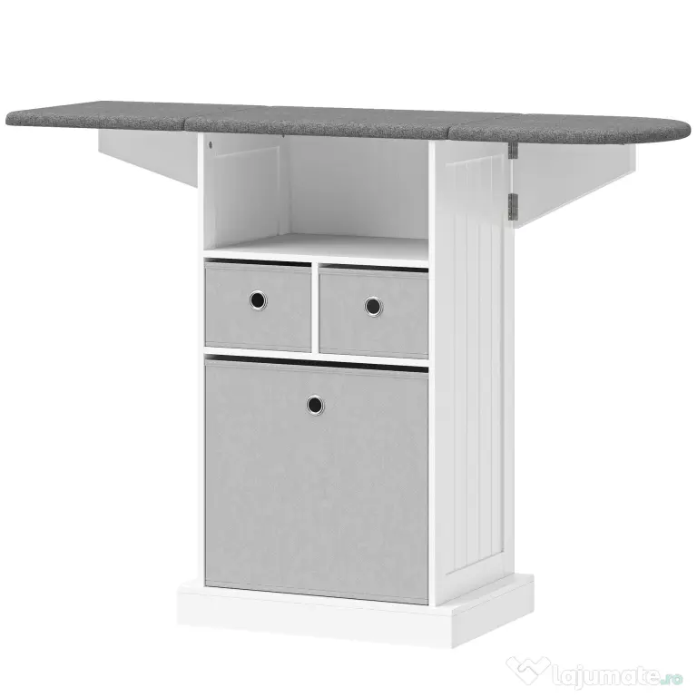 HOMCOM Mobilier pliabil pentru călcat pe roți, cu raft deschis și 3 sertare, 121x37x89,5 cm, alb și gri