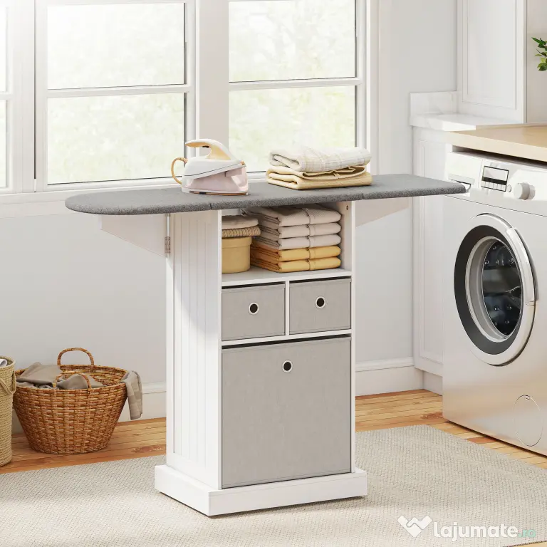HOMCOM Mobilier pliabil pentru călcat pe roți, cu raft deschis și 3 sertare, 121x37x89,5 cm, alb și gri