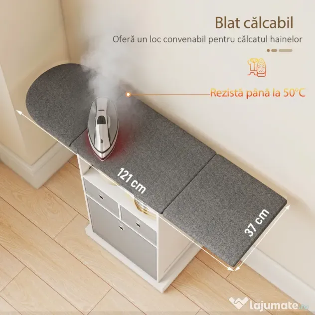 HOMCOM Mobilier pliabil pentru călcat pe roți, cu raft deschis și 3 sertare, 121x37x89,5 cm, alb și gri