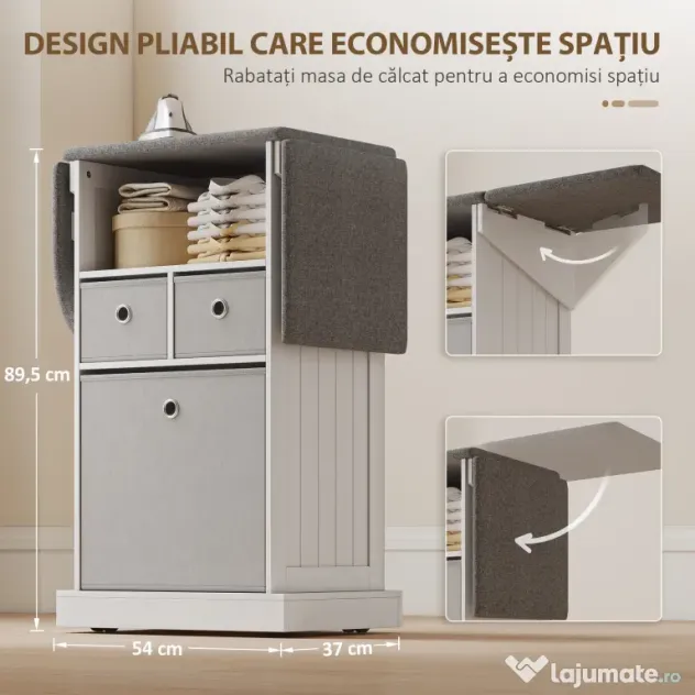 HOMCOM Mobilier pliabil pentru călcat pe roți, cu raft deschis și 3 sertare, 121x37x89,5 cm, alb și gri