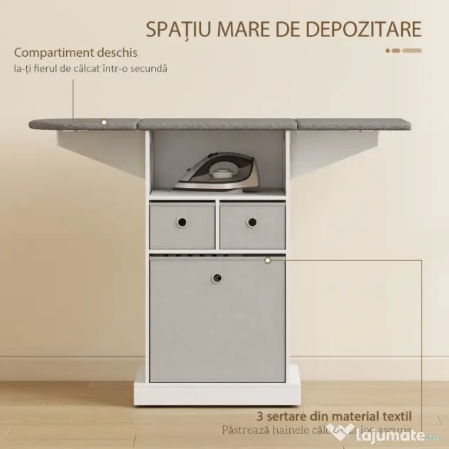 HOMCOM Mobilier pliabil pentru călcat pe roți, cu raft deschis și 3 sertare, 121x37x89,5 cm, alb și gri