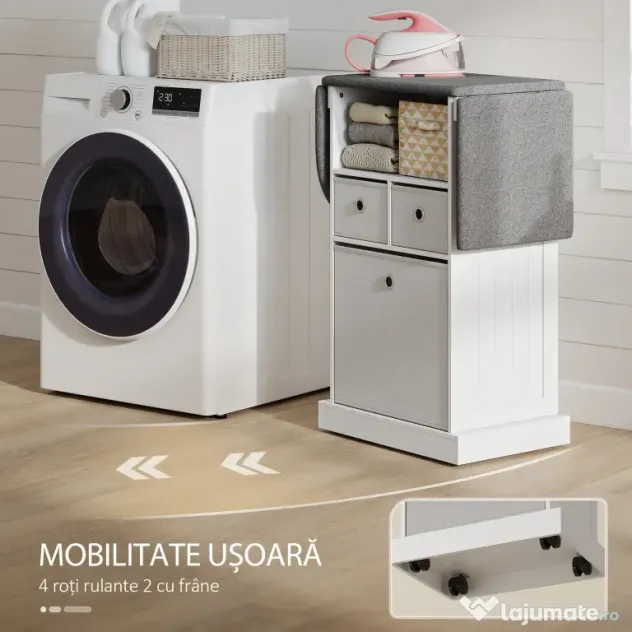 HOMCOM Mobilier pliabil pentru călcat pe roți, cu raft deschis și 3 sertare, 121x37x89,5 cm, alb și gri