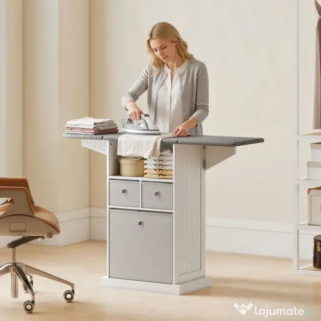 HOMCOM Mobilier pliabil pentru călcat pe roți, cu raft deschis și 3 sertare, 121x37x89,5 cm, alb și gri