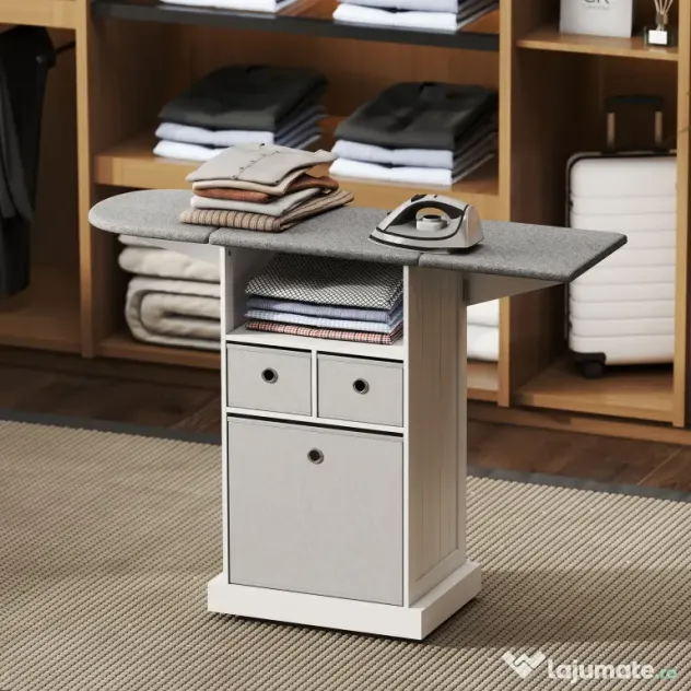 HOMCOM Mobilier pliabil pentru călcat pe roți, cu raft deschis și 3 sertare, 121x37x89,5 cm, alb și gri