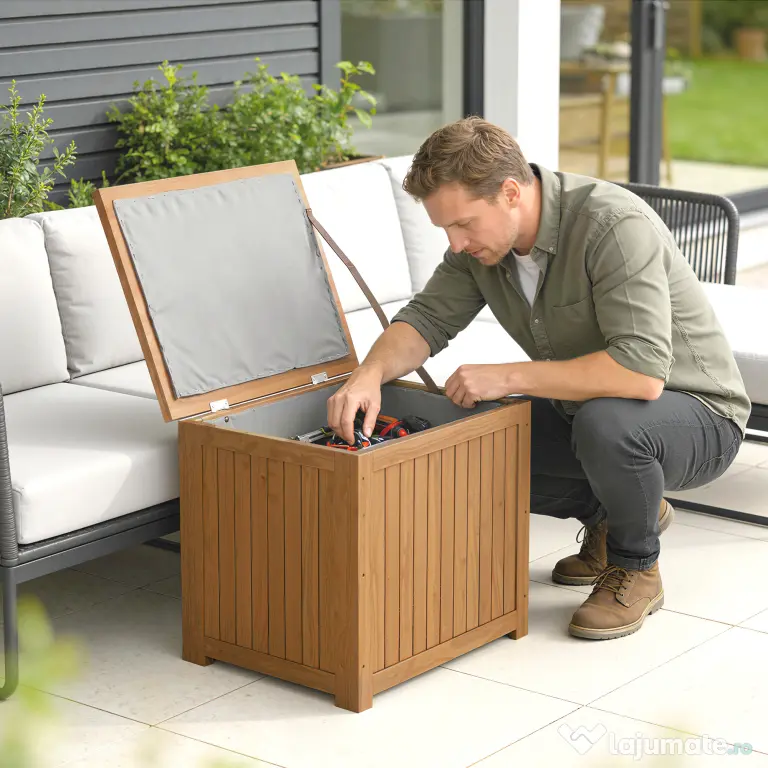 Outsunny Bancă de Exterior 130L, Capac, Cutie Lemn cu Balamale și Curea | Aosom Romania