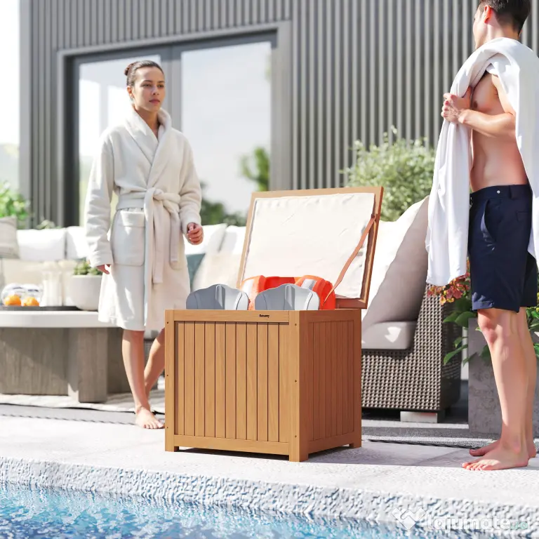 Outsunny Bancă de Exterior 130L, Capac, Cutie Lemn cu Balamale și Curea | Aosom Romania