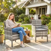 Outsunny Set de 2 Scaune de Grădină din Ratan, Scaune de Exterior cu Perne, Cotiere și Spătar Înalt, Cadru din Oțel pentru Verandă, Balcon, Lângă Piscină și Grădină, Gri | Aosom Romania 
