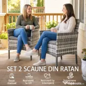 Outsunny Set de 2 Scaune de Grădină din Ratan, Scaune de Exterior cu Perne, Cotiere și Spătar Înalt, Cadru din Oțel pentru Verandă, Balcon, Lângă Piscină și Grădină, Gri | Aosom Romania 