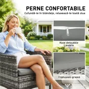 Outsunny Set de 2 Scaune de Grădină din Ratan, Scaune de Exterior cu Perne, Cotiere și Spătar Înalt, Cadru din Oțel pentru Verandă, Balcon, Lângă Piscină și Grădină, Gri | Aosom Romania 