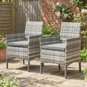Outsunny Set de 2 Scaune de Grădină din Ratan, Scaune de Exterior cu Perne, Cotiere și Spătar Înalt, Cadru din Oțel pentru Verandă, Balcon, Lângă Piscină și Grădină, Gri | Aosom Romania 