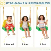 AIYAPLAY Leagăn 3-în-1 pentru Grădină, Leagăn pentru Bebeluși de Interior și Exterior, Înălțime Reglabilă, Cadru Pliabil din Oțel, Centură de Siguranță, Ușor de Montat, 9 Luni-8 Ani, Verde | Aosom Romania 