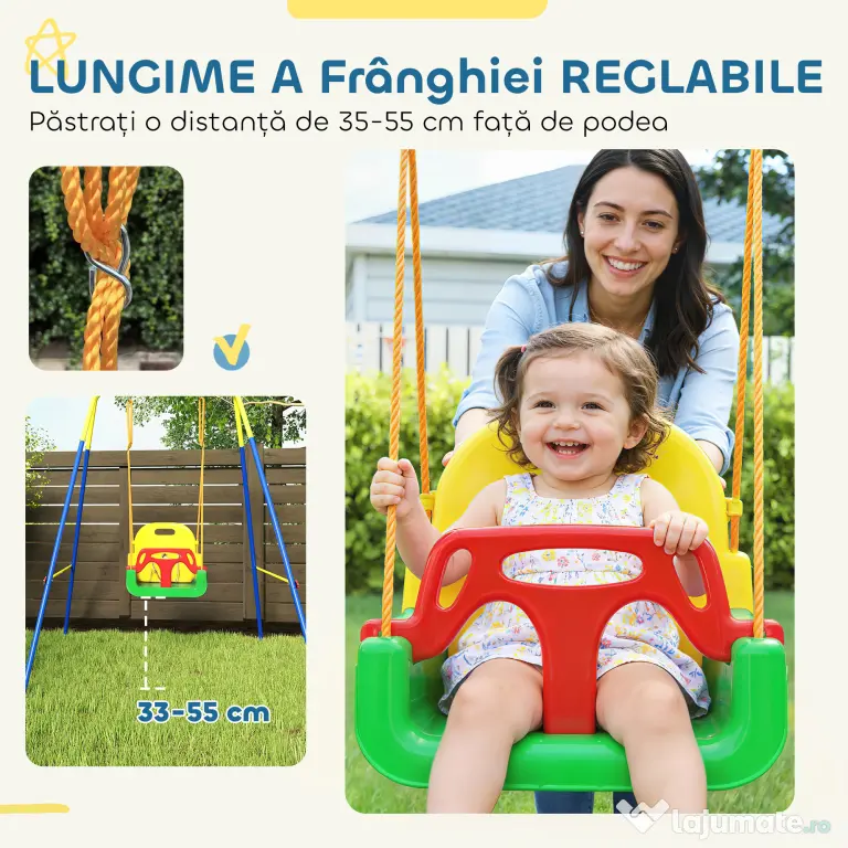 AIYAPLAY Leagăn 3-în-1 pentru Grădină, Leagăn pentru Bebeluși de Interior și Exterior, Înălțime Reglabilă, Cadru Pliabil din Oțel, Centură de Siguranță, Ușor de Montat, 9 Luni-8 Ani, Verde | Aosom Romania