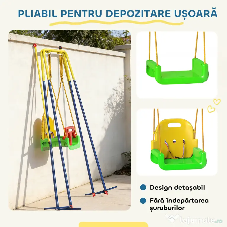 AIYAPLAY Leagăn 3-în-1 pentru Grădină, Leagăn pentru Bebeluși de Interior și Exterior, Înălțime Reglabilă, Cadru Pliabil din Oțel, Centură de Siguranță, Ușor de Montat, 9 Luni-8 Ani, Verde | Aosom Romania