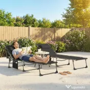 Outsunny Set de 2 Șezlonguri de Grădină Pliabile, Reglabile pe 5 Niveluri, cu Perne, Șezlonguri Textilenă cu Buzunar Lateral, Mâner, pentru Plajă, Piscină, 57x200x38 cm, Negru | Aosom Romania