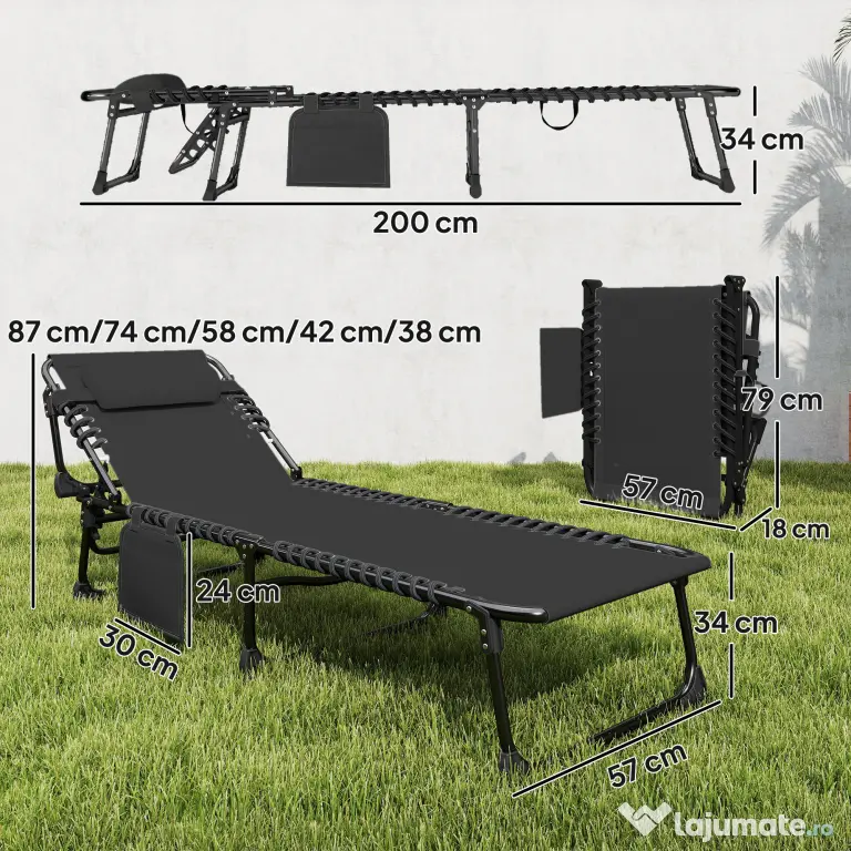 Outsunny Set de 2 Șezlonguri de Grădină Pliabile, Reglabile pe 5 Niveluri, cu Perne, Șezlonguri Textilenă cu Buzunar Lateral, Mâner, pentru Plajă, Piscină, 57x200x38 cm, Negru | Aosom Romania