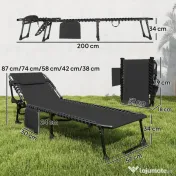 Outsunny Set de 2 Șezlonguri de Grădină Pliabile, Reglabile pe 5 Niveluri, cu Perne, Șezlonguri Textilenă cu Buzunar Lateral, Mâner, pentru Plajă, Piscină, 57x200x38 cm, Negru | Aosom Romania