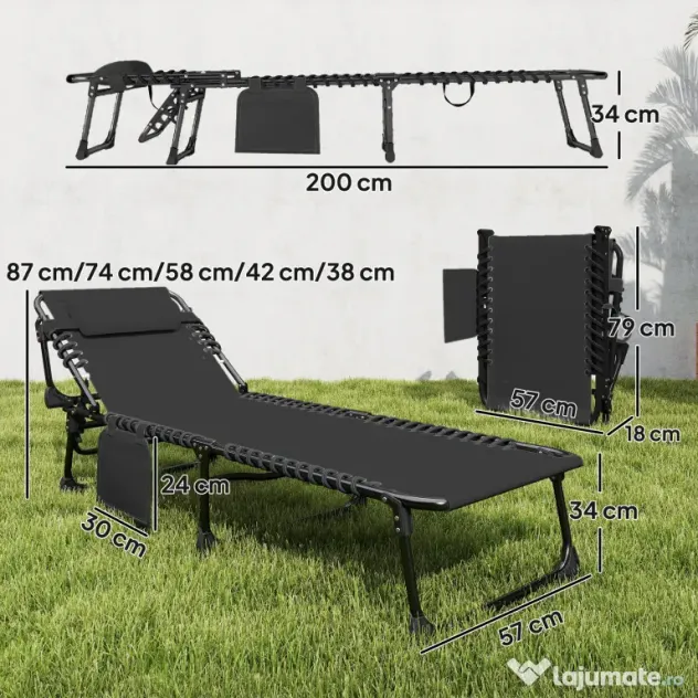 Outsunny Set de 2 Șezlonguri de Grădină Pliabile, Reglabile pe 5 Niveluri, cu Perne, Șezlonguri Textilenă cu Buzunar Lateral, Mâner, pentru Plajă, Piscină, 57x200x38 cm, Negru | Aosom Romania