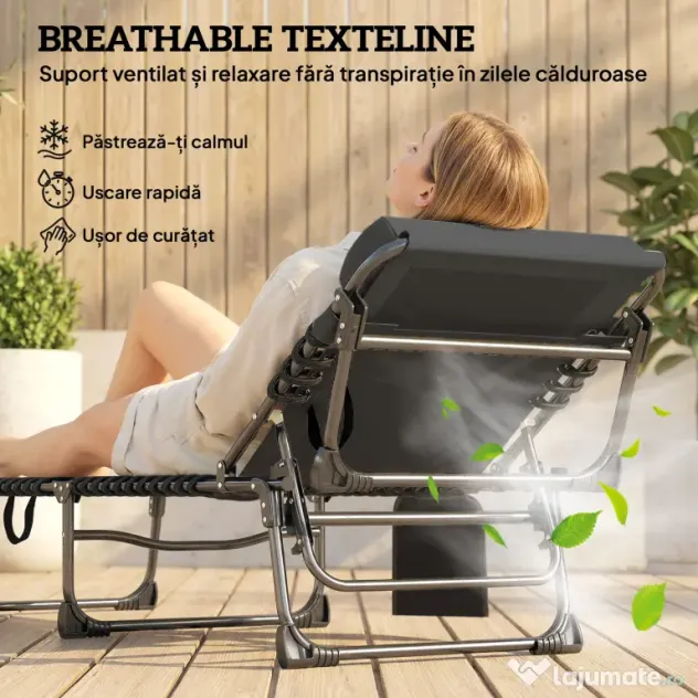 Outsunny Set de 2 Șezlonguri de Grădină Pliabile, Reglabile pe 5 Niveluri, cu Perne, Șezlonguri Textilenă cu Buzunar Lateral, Mâner, pentru Plajă, Piscină, 57x200x38 cm, Negru | Aosom Romania