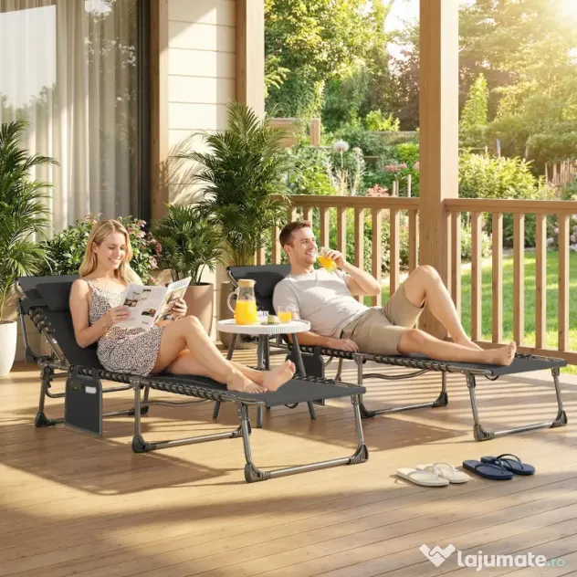 Outsunny Set de 2 Șezlonguri de Grădină Pliabile, Reglabile pe 5 Niveluri, cu Perne, Șezlonguri Textilenă cu Buzunar Lateral, Mâner, pentru Plajă, Piscină, 57x200x38 cm, Negru | Aosom Romania