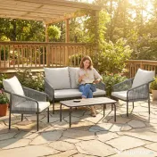 Outsunny Set de Grădină din Ratan 4 Piese cu Canapea, Fotolii, Măsuță, Bej | Aosom Romania 