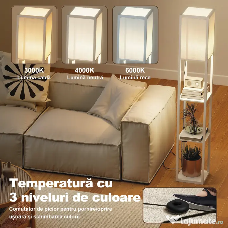 HOMCOM Lampă de Podea LED cu Rafturi, Lampă Modernă cu Comutator cu Pedală și Porturi USB, Temperatură de Culoare Reglabilă pentru Living și Dormitor, Alb | Aosom Romania