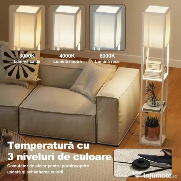 HOMCOM Lampă de Podea LED cu Rafturi, Lampă Modernă cu Comutator cu Pedală și Porturi USB, Temperatură de Culoare Reglabilă pentru Living și Dormitor, Alb | Aosom Romania