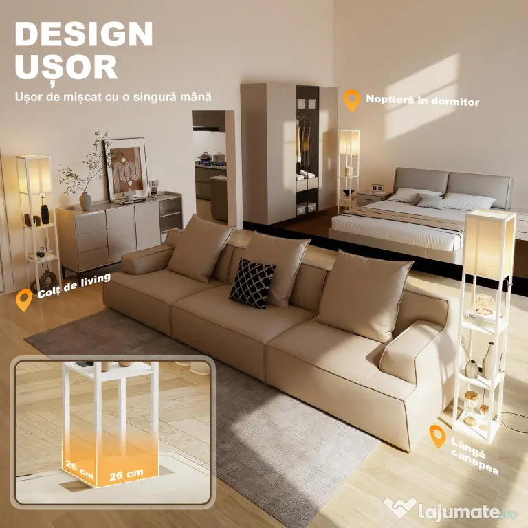 HOMCOM Lampă de Podea LED cu Rafturi, Lampă Modernă cu Comutator cu Pedală și Porturi USB, Temperatură de Culoare Reglabilă pentru Living și Dormitor, Alb | Aosom Romania